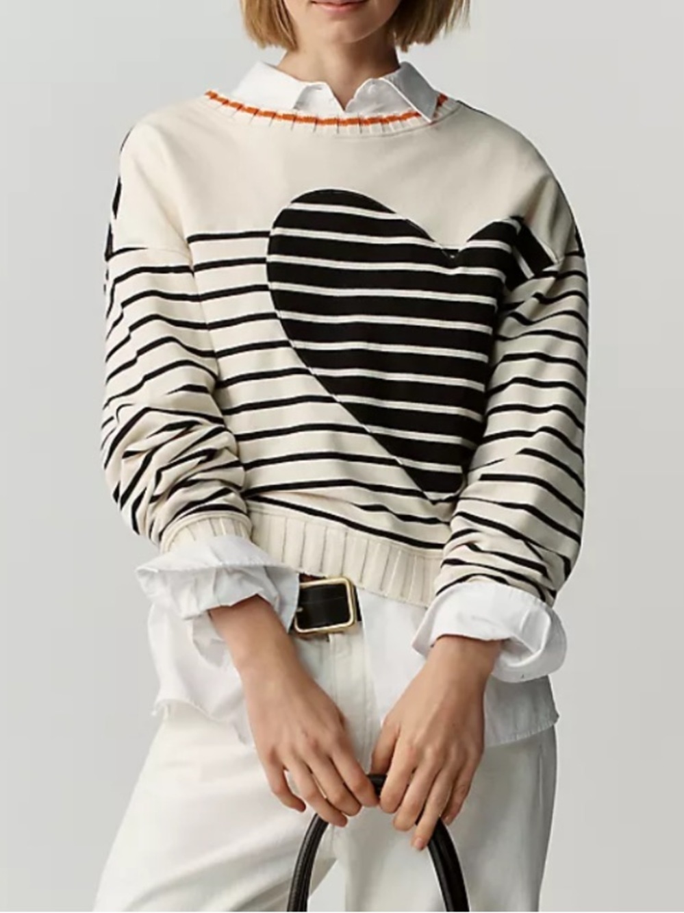 Anthropologie MaeveCropped Heart Stripe Sweater Cream & Black Orange Trim, XXS